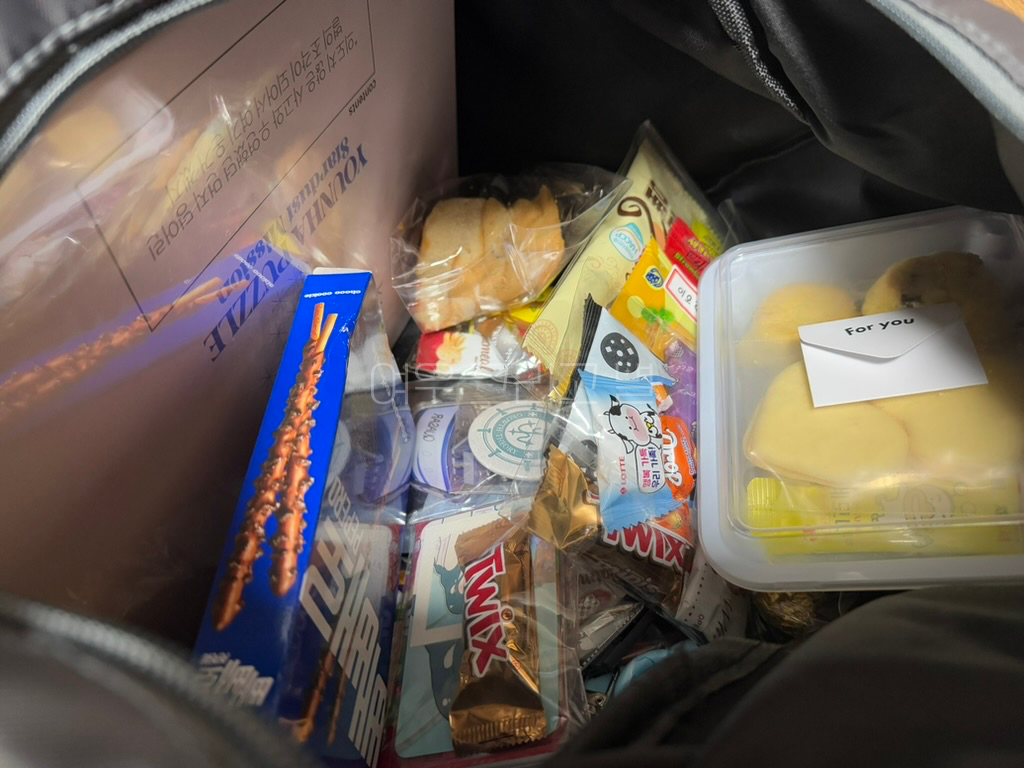 이번 콘서트에서 홀릭스들에게 나눔 받은 간식들과 팬 제작 굿즈들이 가방 안 가득 쌓여있다.