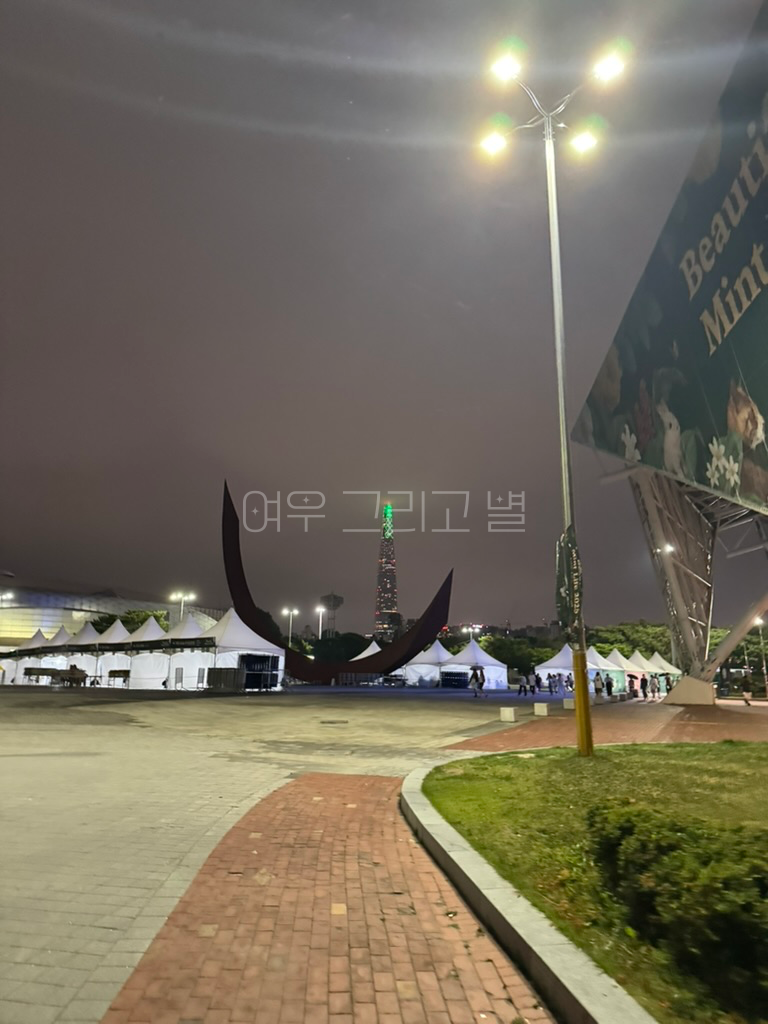 체조경기장 옆에서 부스 방향으로 촬영한 장면이다. 올림픽공원 중앙에 있는 나이키로고를 닮은 조형물과, 배경으로는 초록 빛을 내는 롯데월드타워가 보인다.